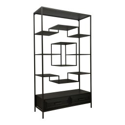 Lixly Black Wood Iron Frame Open Cabinet | Zwarte Houten Open Kast | Metalen Frame – 190 cm Hoog