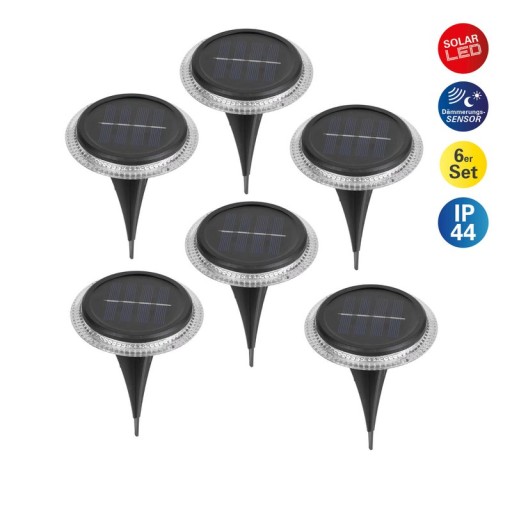 6 Set Solar-Boden-Sprießleucht Ø approx. 11.2 cm, black plastic, twilight sensor, for entrance, terrace and paths