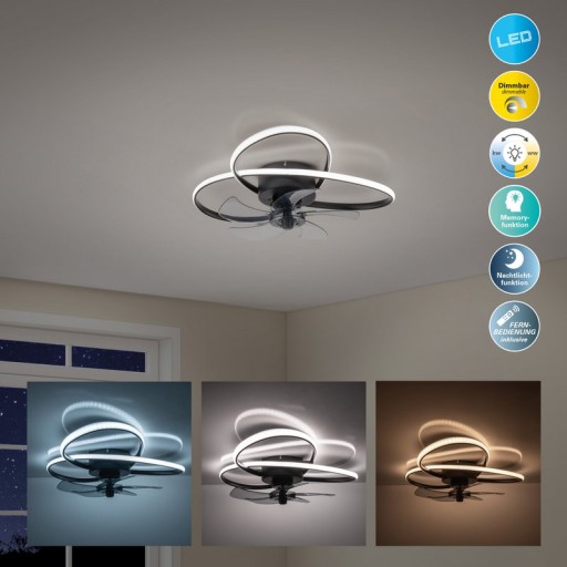 Die moderne LED Deckenleuchte "LECCIO" inklusive Ventilator, Nachtlichtfunktion, Dimmung und Lichttemperatureinstellung ist mit fest verbauten LEDs bestückt und hat einen ungefähren Øvon 58 cm.