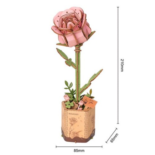 Robotime, DIY Houten Bloem Pink Rose, Roze Roos, TW041, 8,5x6,5x21cm