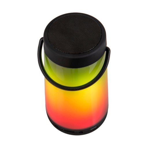 LED table light with BT speaker "Festa" for outdoor area made of black plastic with integrated LEDs, 18 cm high