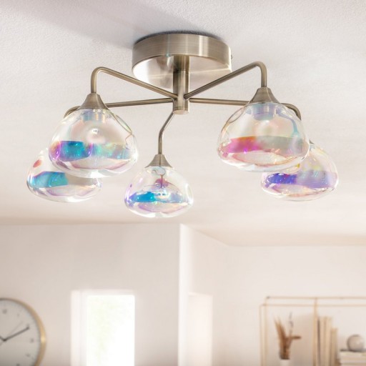 LED ceiling lamp 5-flame "varna", ceiling lamp made of brass-colored metal and iris glass, with firmly installed LEDs, 50 cm diameter, stylish lighting for living room, dining room or hallway