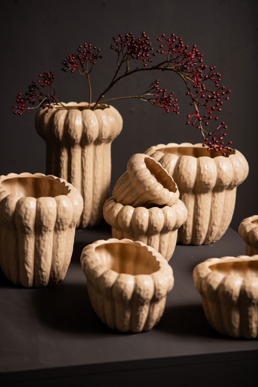 Samaran Cream Oval Ceramic Pot Ribbed S