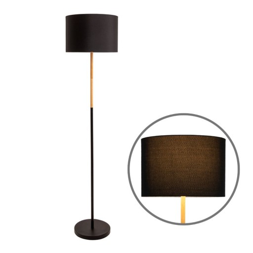 Textile standing lamp "Tessile", floor lamp made of metal, rubber tree and fabric in black, and nature, E27 socket, 126 cm high