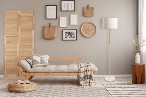 Textile standing lamp "Tessile", floor lamp made of metal, rubber tree and fabric in white and nature, E27 socket, standing lamp 126 cm high