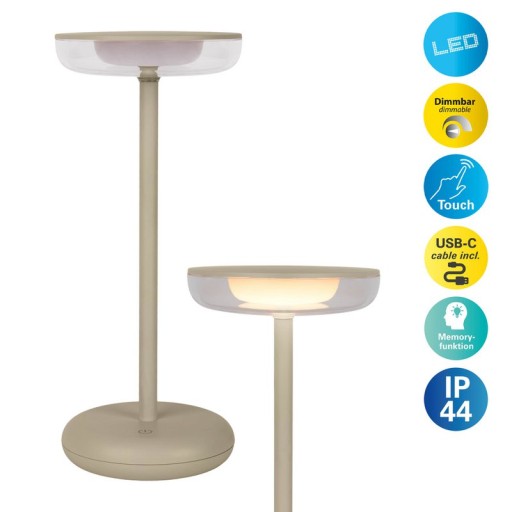 Cordless tablet light "Pasi" for outside and inside, made of metal and plastic in beige, dimmable, with touch and memory function, approx. 26 cm high