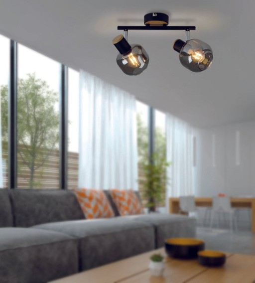 2 SPOT ceiling lamp "Fumoso", metal ceiling lamp and smoke glass in black, and nature, with E14 socket, for dining room, living room, hallway or office, 40 x 20 cm