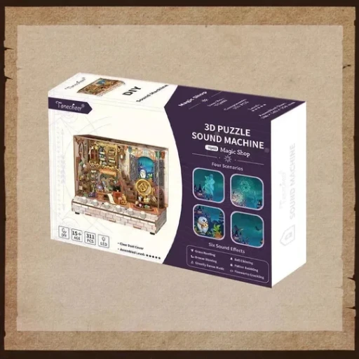 Tonecheer, DIY 3D Houten Puzzel met 6 verschillende geluidseffecten en stofkap, Miniature House Magic Shop, TQ403, 18x14,5x15,4cm