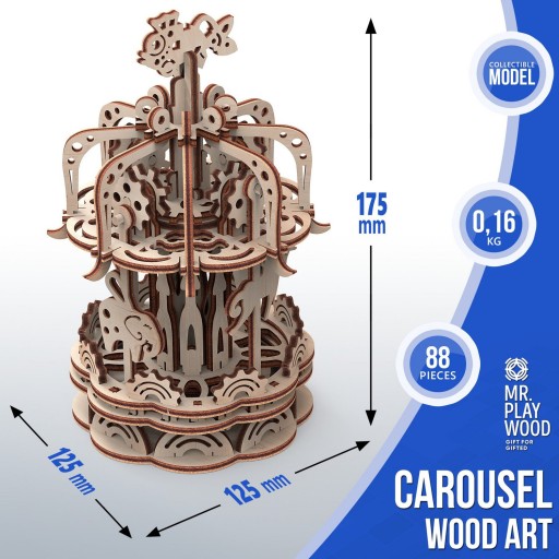 Mr. Playwood 3D Houten Puzzel Carousel klein, 10404, 12,5x12,5x17,5cm.