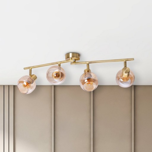 4er Spot/Deckenleuchte "LIBBY", klassische Deckenlampe aus messingfarbenem Metall und getöntem Glas in Amber, mit E14-Fassung, für Esszimmer, Wohnzimmer, Diele oder Büro, 80 cm lang