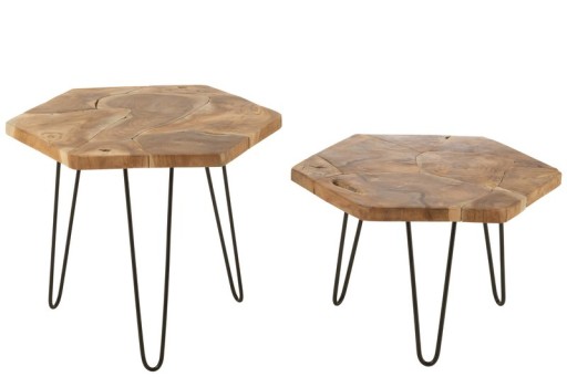 J-Line Set Of Two Side Table Hexagon Teak Wood/Metal Naturel
