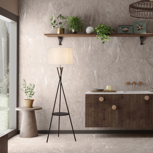 Standing lamp with integrated "Tora" table made of rust -colored metal and natural -colored textile material, 158 cm high Ø 51cm, E27