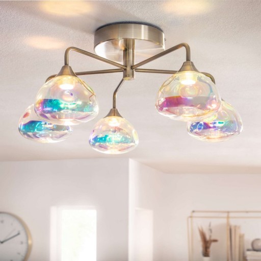 LED ceiling lamp 5-flame "varna", ceiling lamp made of brass-colored metal and iris glass, with firmly installed LEDs, 50 cm diameter, stylish lighting for living room, dining room or hallway