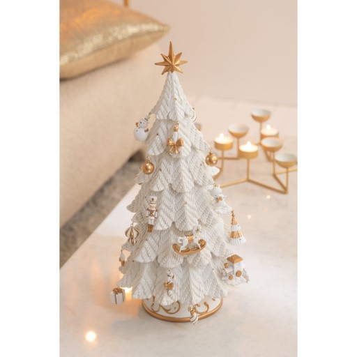 J-Line decoratie Kerstboom Ornamenten - polyresin - wit/goud - S - LED