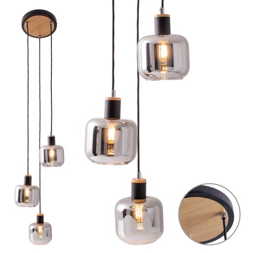 3 ceiling lamp "fumoso", pendant lamp made of metal and glass in black, with E14 socket, for dining room, living room, hall or office, hanging lamp total height 123 cm.