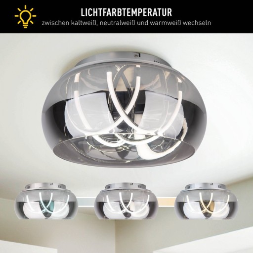 LED ceiling light "Malou" Ø 45 cm, 23.5 cm high, made of metal, smoke glass, integrated LEDs, warm white