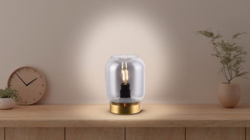 Glass table light "Alessio", 17 cm high, Ø 12 cm, gold-colored metal, smoke glass, E14