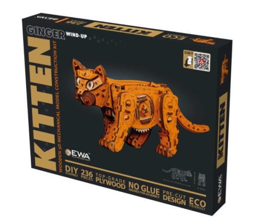 DIY 3D Mechanical Wooden Puzzle, Kitten Ginger, Eco Wood Art, 3847, 35.1x8.4x14.5