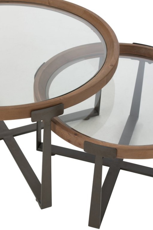 J-Line Set of 2 Coffee Table Luki Glass/Fir Wood Natural/Black