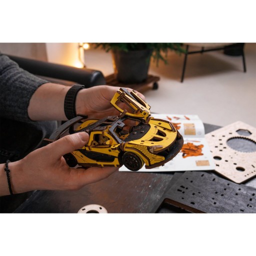 Eco Wood Art, (EWA) DIY 3D Mechanical Model Racing Car Yelow, 4042, 21x9,5x5,7cm