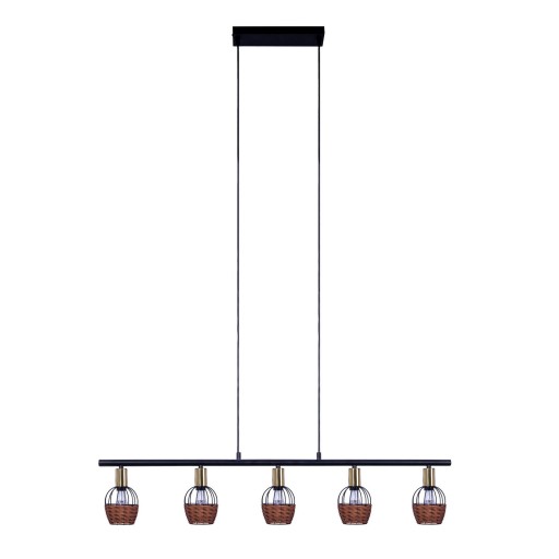 5 hanglamp "Corbis", echtelijke lamp gemaakt van zwart in zwart, met goud en rotan, met E14 -aansluiting, voor eetkamer, woonkamer, gang of kantoor, 100 cm lang