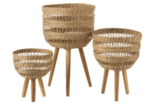 J-Line set of 3 baskets on tripod - seagrass - natural