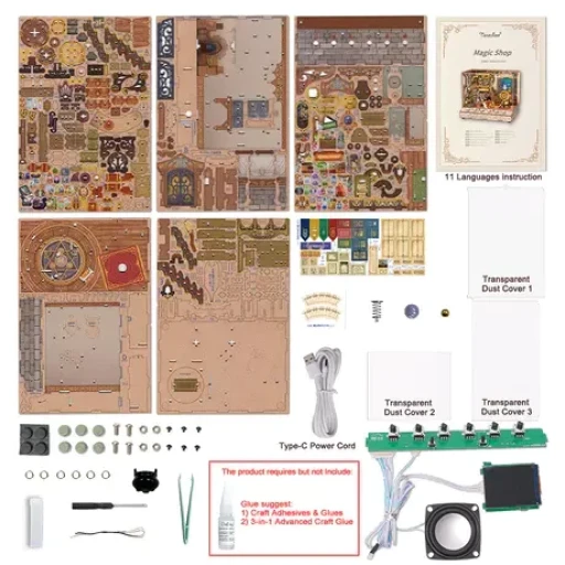 Tonecheer, DIY 3D Houten Puzzel met 6 verschillende geluidseffecten en stofkap, Miniature House Magic Shop, TQ403, 18x14,5x15,4cm