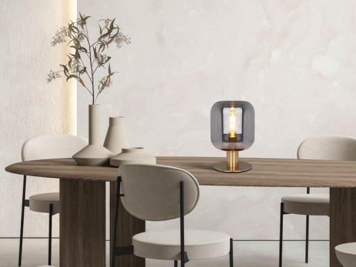 Glass table light "Alessio", 30 cm high, Ø 20 cm, gold-colored metal, smoke glass, E14