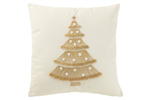 J-Line Cushion Christmas Tree Fringes + Pompoms Cotton White/Gold