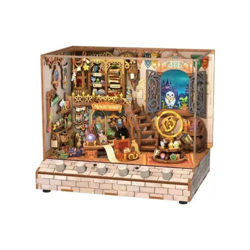 Tonecheer, DIY 3D Houten Puzzel met 6 verschillende geluidseffecten en stofkap, Miniature House Magic Shop, TQ403, 18x14,5x15,4cm