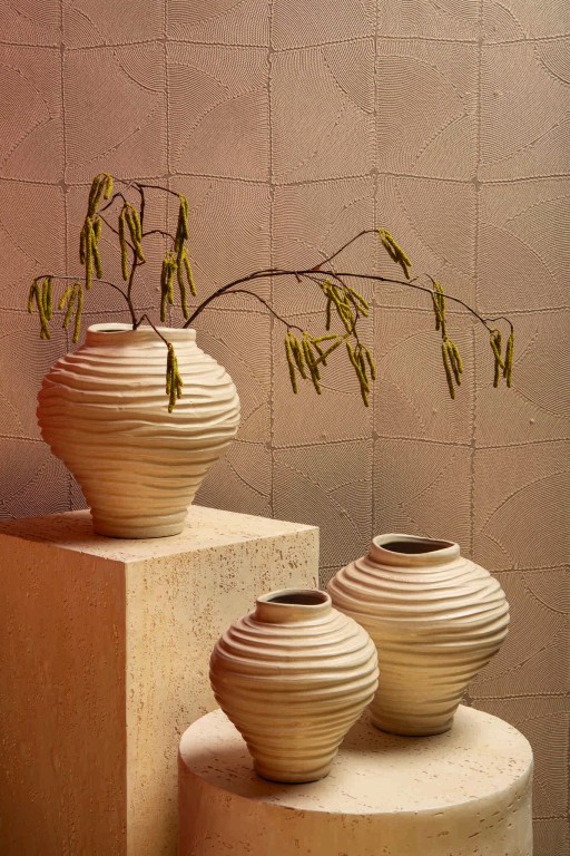 Mickie Beige Round Bulb Ceramic Vase Ribbed L