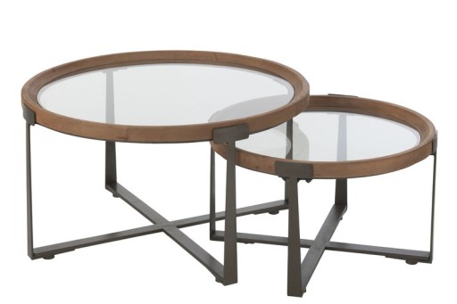 J-Line Set of 2 Coffee Table Luki Glass/Fir Wood Natural/Black
