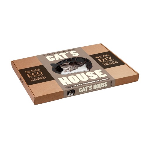 Eco Wood Art (EWA) 3D Bouwpakket Houten Huisje Zwart voor uw Kat met Wit Pluche Vachtje, 1737, 48x36,2x45,6cm