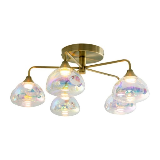 LED ceiling lamp 5-flame "varna", ceiling lamp made of brass-colored metal and iris glass, with firmly installed LEDs, 50 cm diameter, stylish lighting for living room, dining room or hallway