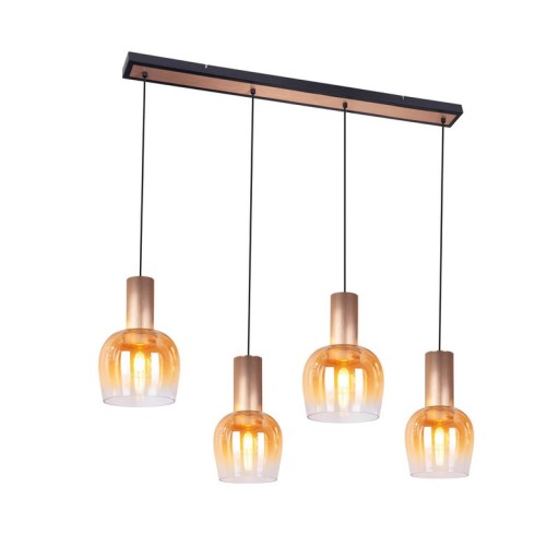 4-be pendant lamp "Funda", retro pendant lamp made of amber-colored glass and matt brushed, brass-colored metal, with E27 verticals, 111 cm long, 150 high, ideal for dining room, living room and kitchen.
