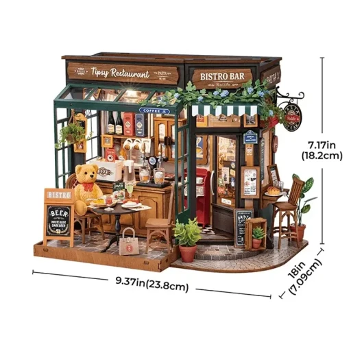 DIY Huisje Tipsy Restaurant with LED lighting, Robotime, DG167, 18x18x24cm