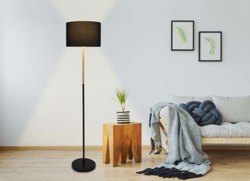 Textile standing lamp "Tessile", floor lamp made of metal, rubber tree and fabric in black, and nature, E27 socket, 126 cm high