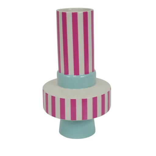 Vaas - Streep - Keramiek - Mintgroen/Neon Roze -14x14x26 cm