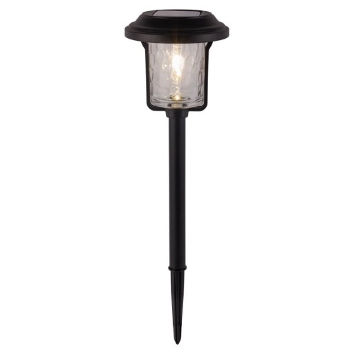 Solar-deco-earth spit "Simon" 54.7 cm high, made of black metal and structured glass, integrated LED, warm white.