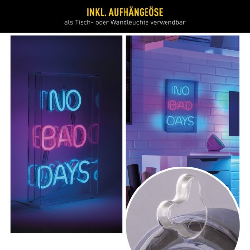 LED font light "No Bad Days" decoration for inside 30 x 18 cm, in blue and magenta-red