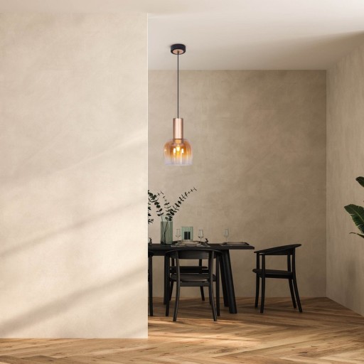 1 Series pendant "Funda" 150 cm high, Ø 23.5 cm, made of brushed brass -colored metal and amber -colored glass, E27, for living room, dining room, kitchen and office