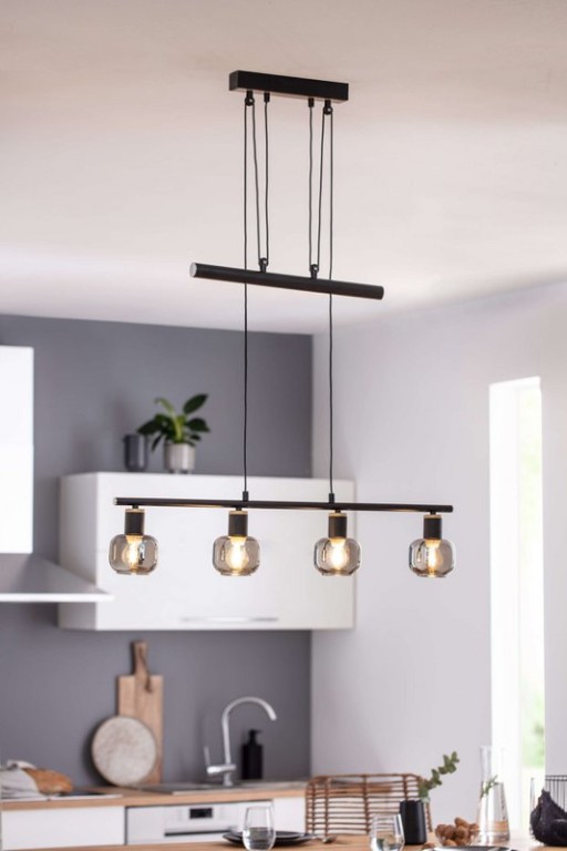4 pendant lamp "fumoso", pendant lamp height adjustable made of metal and smoke glass in black, with E14 socket, for dining room, living room, hallway or office, 78 x 10 cm