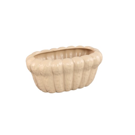 Samaran Cream Ceramic Pot | Lage Ovale Pot Ribbed S | 16×26 cm - Product afbeelding