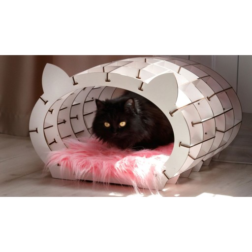 Eco Wood Art (EWA) 3D Bouwpakket Houten huisje Wit met Roze Pluche Vachtje, 1768, 48x36,2x45,6cm