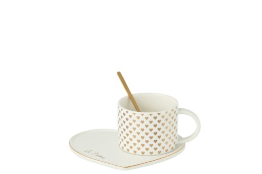 J-Line Mug + Plate + Spoon Heart Ceramic White/Gold