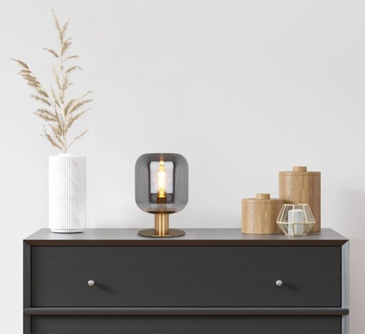 Glass table light "Alessio", 30 cm high, Ø 20 cm, gold-colored metal, smoke glass, E14