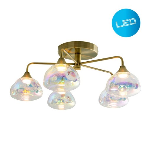 LED ceiling lamp 5-flame "varna", ceiling lamp made of brass-colored metal and iris glass, with firmly installed LEDs, 50 cm diameter, stylish lighting for living room, dining room or hallway