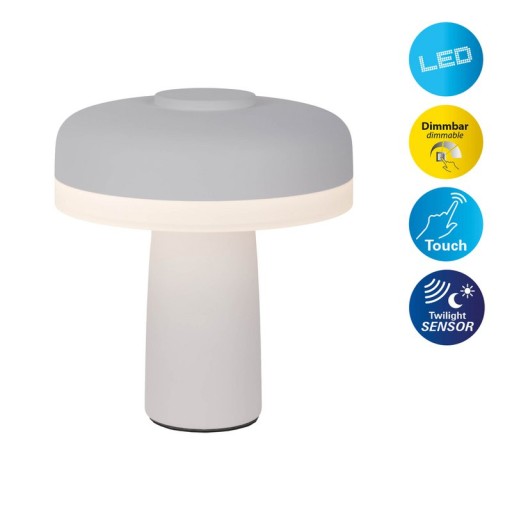 Cordless table light "Pilu", 16.5 cm high, above Ø of 15 cm, metal in white, white plastic, integrated LEDs, 280 lumens, dimmable by touch sensor, warm white