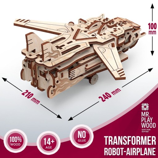 Mr. Playwood 3D Wooden Puzzle Transformer Robot/Airplane, 10103, 7(10)x15(21)x20(24)cm.