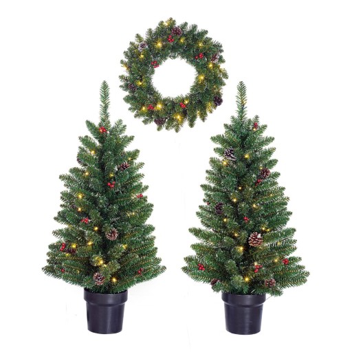 Creston Set van 2 Kerstbomen en 1 Krans met LED Verlichting - Groen